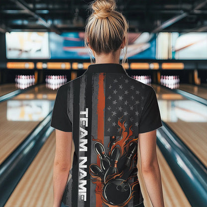 Brown Line American Flag Custom Patriotic Flame Womens Bowling Polo Shirt, US Bowling Shirt IPHW8638