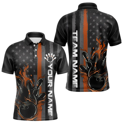 Brown Line American Flag Custom Patriotic Flame Bowling Polo Shirts For Men, US Bowling Shirt IPHW8638