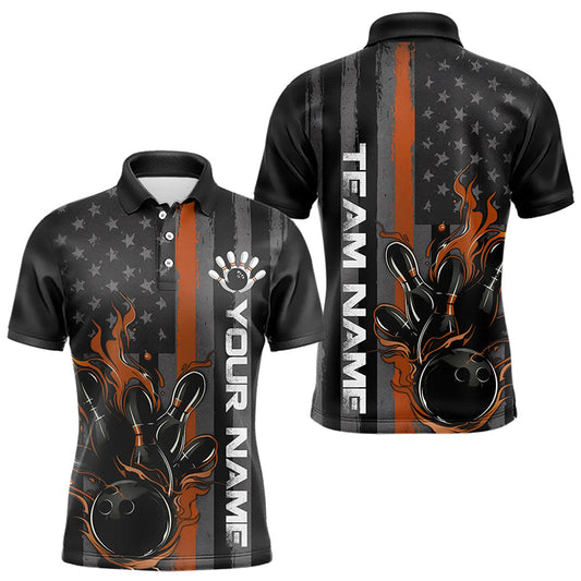 Brown Line American Flag Custom Patriotic Flame Bowling Polo Shirts For Men, US Bowling Shirt IPHW8638