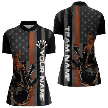 Brown Line American Flag Custom Patriotic US Flame Bowling Womens Quarter-Zip Shirts IPHW8638