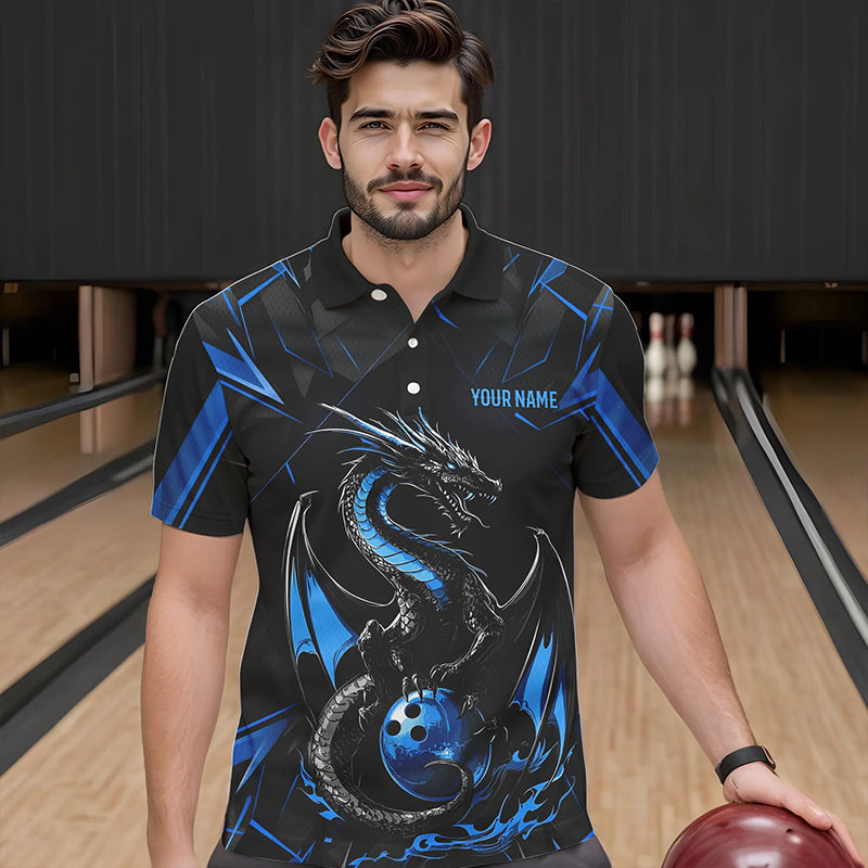 Custom Black And Blue Dragon Bowling Polo Shirts For Men, Dragon Bowling Team Uniform IPHW8639