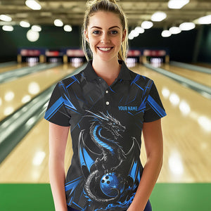 Custom Black And Blue Dragon Bowling Polo Shirts For Women, Dragon Bowling Team Uniform IPHW8639