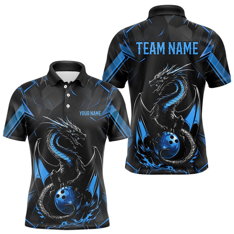 Custom Black And Blue Dragon Bowling Polo Shirts For Men, Dragon Bowling Team Uniform IPHW8639