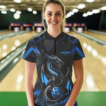 Load image into Gallery viewer, Custom Black And Blue Dragon Bowling Womens Quarter-Zip Shirts, Dragon Bowling Uniform IPHW8639