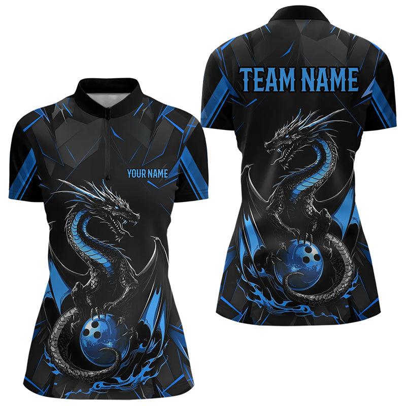 Custom Black And Blue Dragon Bowling Womens Quarter-Zip Shirts, Dragon Bowling Uniform IPHW8639
