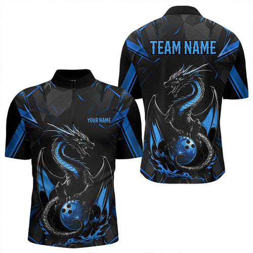 Custom Black And Blue Dragon Bowling Quarter-Zip Shirts For Men, Dragon Bowling Team Uniform IPHW8639