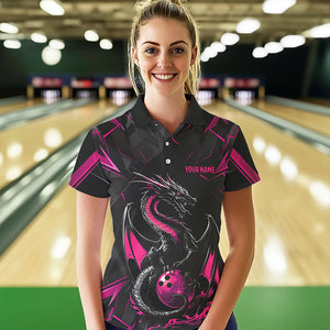 Custom Black And Pink Dragon Bowling Polo Shirts For Women, Dragon Bowling Team Uniform IPHW8640