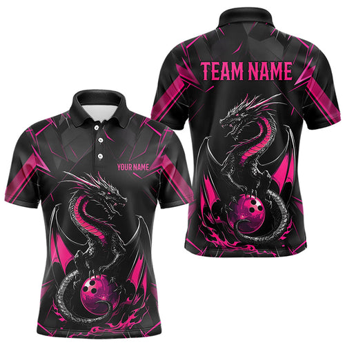 Custom Black And Pink Dragon Bowling Polo Shirts For Men, Dragon Bowling Team Uniform IPHW8640