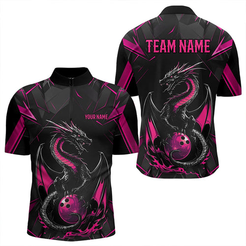 Custom Black And Pink Dragon Bowling Quarter-Zip Shirts For Men, Dragon Bowling Team Uniform IPHW8640
