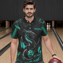 Load image into Gallery viewer, Custom Black And Turquoise Blue Dragon Bowling Polo Shirts For Men, Bowling Team Uniform IPHW8642