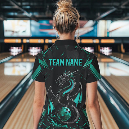 Custom Black And Turquoise Blue Dragon Bowling Polo Shirts For Women, Bowling Team Uniform IPHW8642