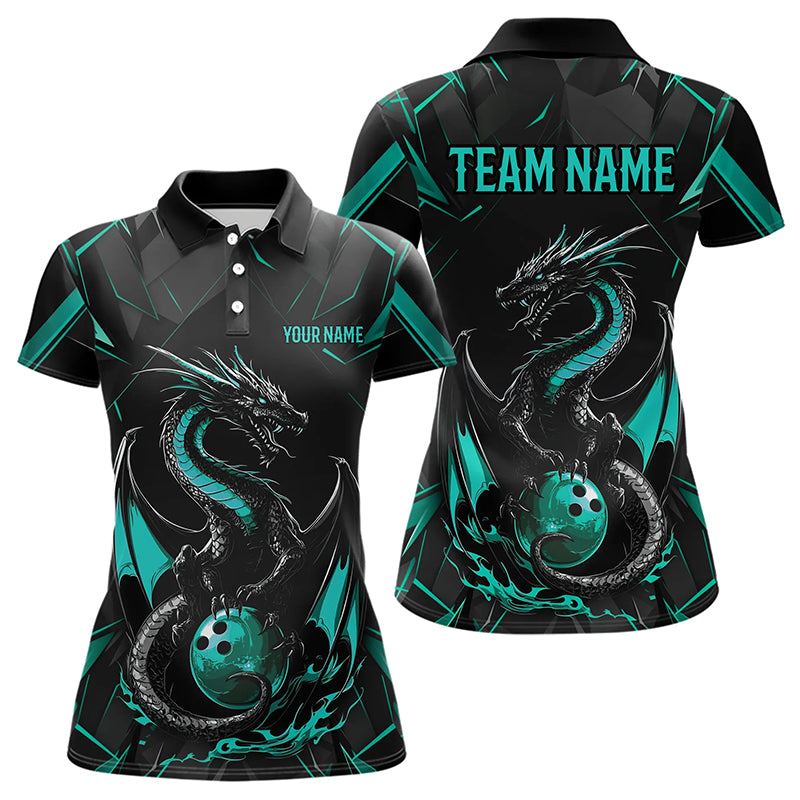 Custom Black And Turquoise Blue Dragon Bowling Polo Shirts For Women, Bowling Team Uniform IPHW8642