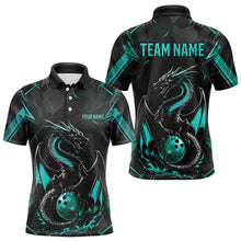 Load image into Gallery viewer, Custom Black And Turquoise Blue Dragon Bowling Polo Shirts For Men, Bowling Team Uniform IPHW8642