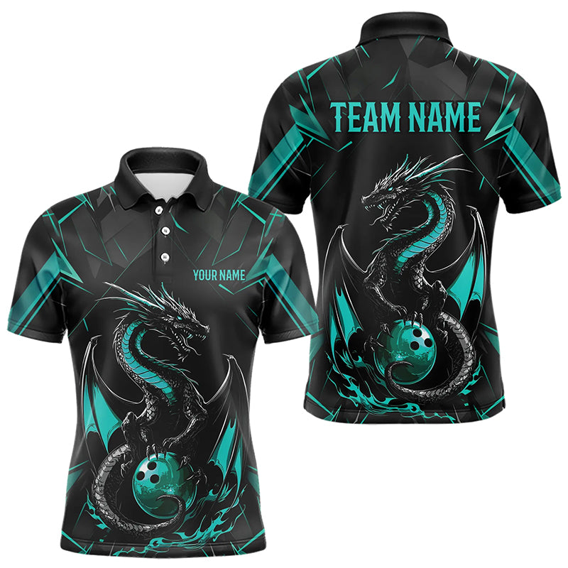 Custom Black And Turquoise Blue Dragon Bowling Polo Shirts For Men, Bowling Team Uniform IPHW8642
