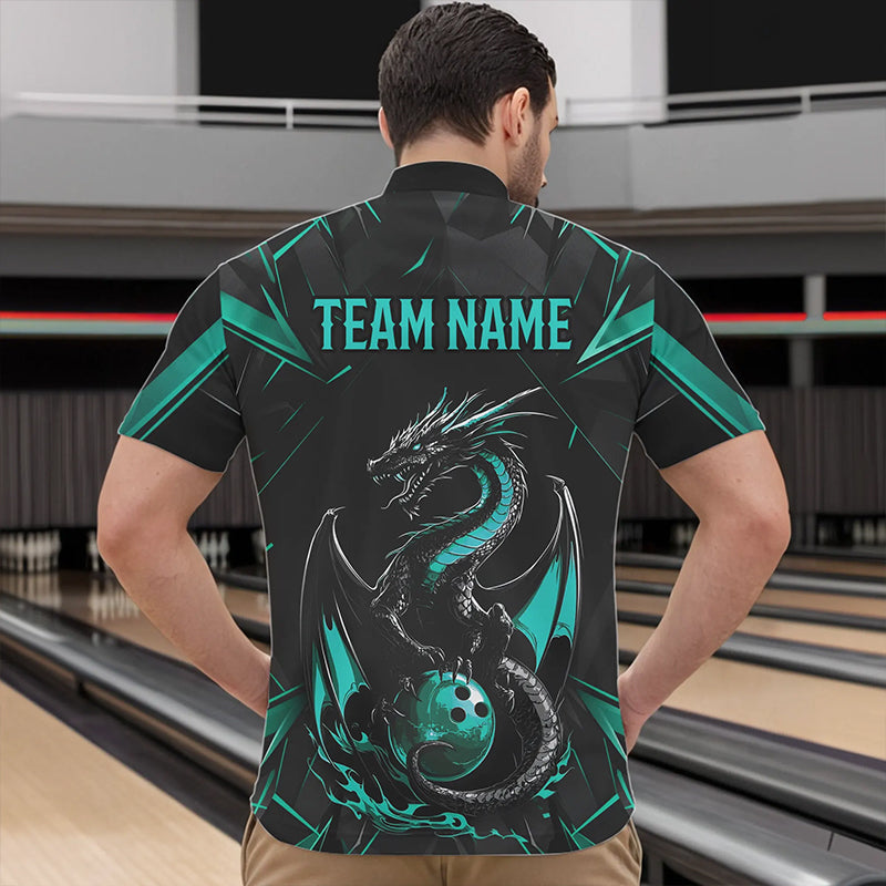 Custom Black And Turquoise Blue Dragon Bowling Quarter-Zip Shirts For Men, Bowling Team Uniform IPHW8642