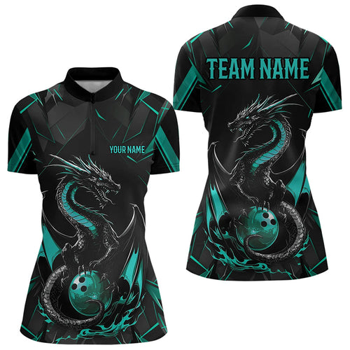 Custom Black And Turquoise Blue Dragon Bowling Womens Quarter-Zip Shirts, Bowling Uniform IPHW8642