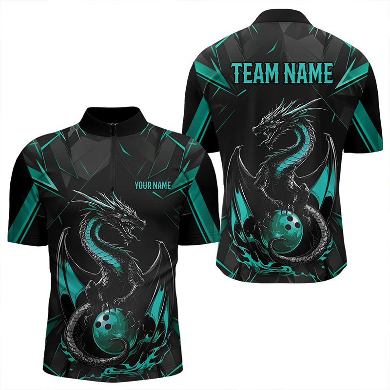 Custom Black And Turquoise Blue Dragon Bowling Quarter-Zip Shirts For Men, Bowling Team Uniform IPHW8642