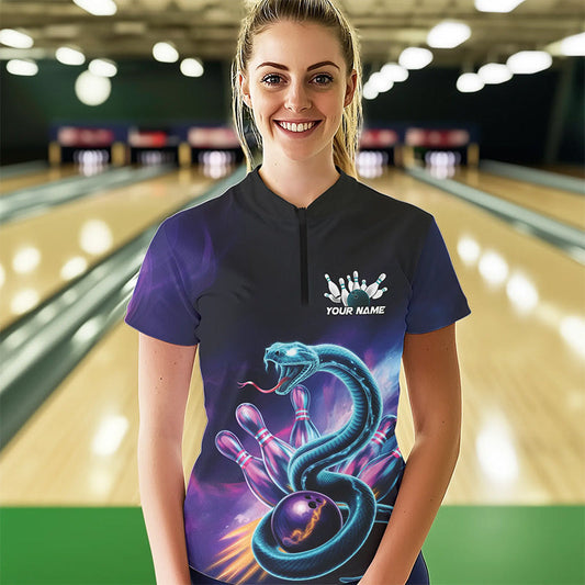 Custom Blue And Purple Galaxy Snake Bowling Womens Quarter-Zip Shirts, Bowling Team Uniform IPHW8646