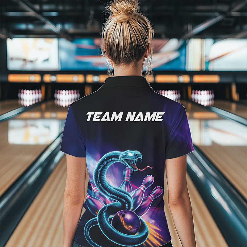 Custom Blue And Purple Galaxy Snake Bowling Womens Quarter-Zip Shirts, Bowling Team Uniform IPHW8646