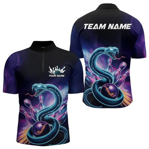 Custom Blue And Purple Galaxy Snake Bowling Quarter-Zip Shirts For Men, Bowling League Team Uniform IPHW8646