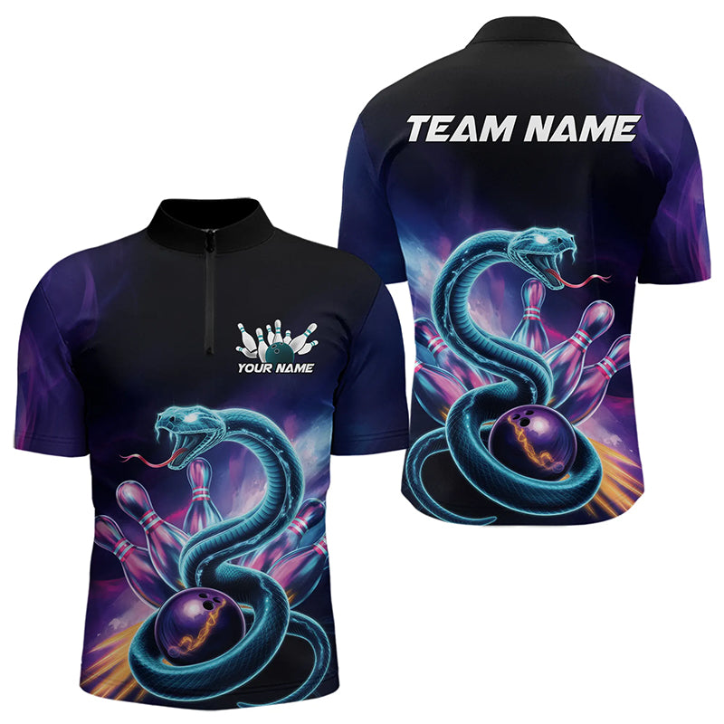 Custom Blue And Purple Galaxy Snake Bowling Quarter-Zip Shirts For Men, Bowling League Team Uniform IPHW8646