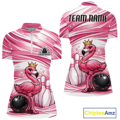 Front and back view of a pink women’s bowling quarter-zip shirt featuring a crowned flamingo standing beside a bowling ball and bowling pins.