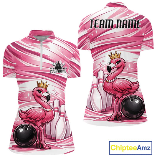 Front and back view of a pink women’s bowling quarter-zip shirt featuring a crowned flamingo standing beside a bowling ball and bowling pins.