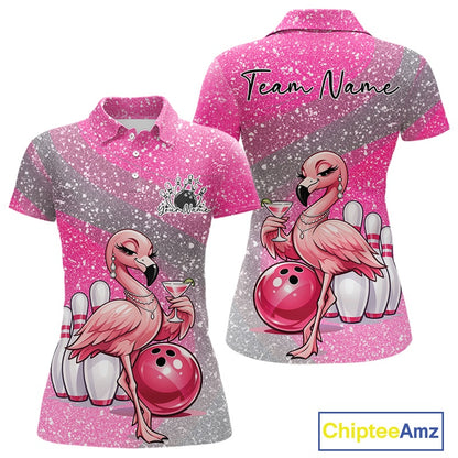 Front and back view of a pink women’s bowling polo shirt showcasing an elegant flamingo holding a cocktail beside a bowling ball.
