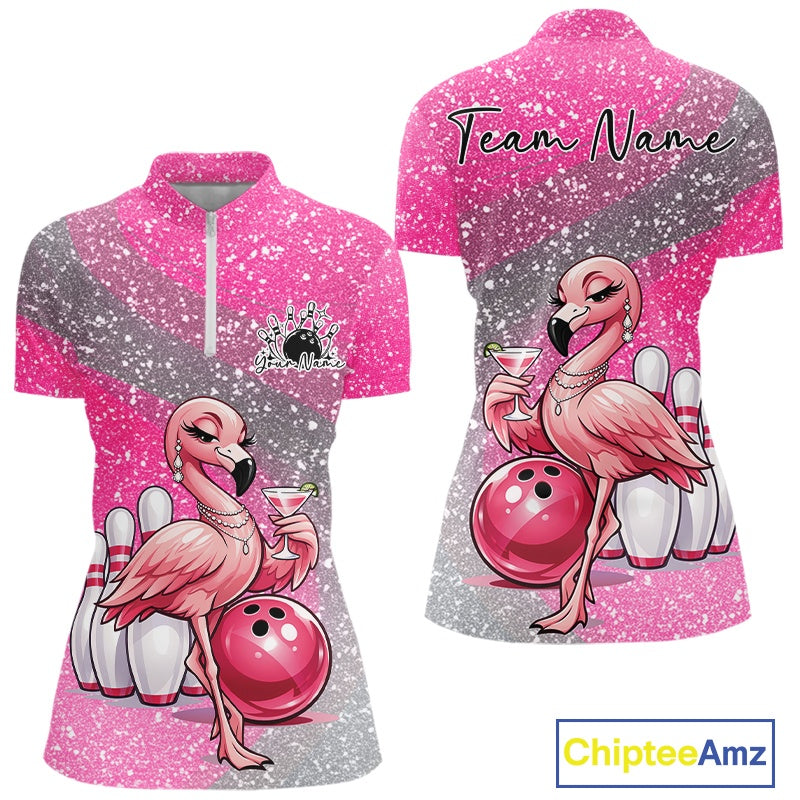 Front and back mockup of a pink women’s bowling quarter-zip shirt featuring an elegant flamingo holding a cocktail beside a bowling ball.