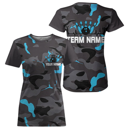 Blue Camo Bowling Pulse Heartbeat Custom Team For Women, Camouflage Bowler Outfit IPHW6488