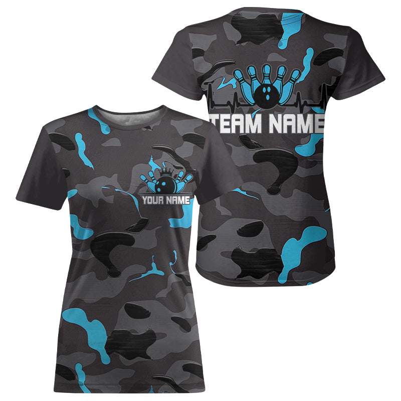 Blue Camo Bowling Pulse Heartbeat Custom Team For Women, Camouflage Bowler Outfit IPHW6488