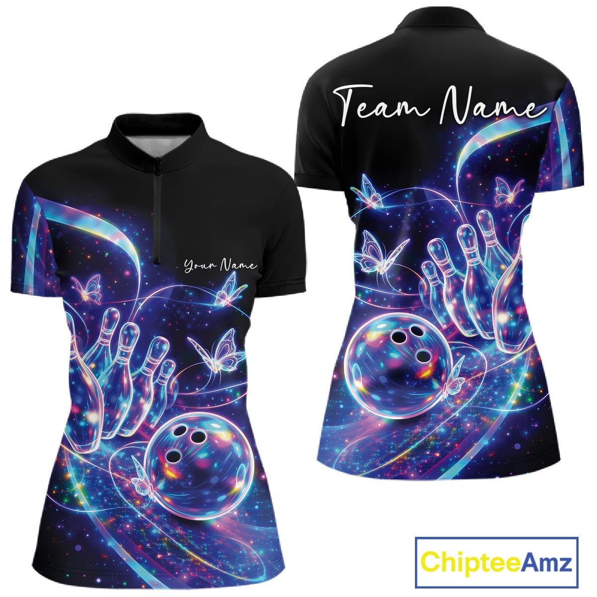 Front and back mockup of a women's black bowling quarter zip featuring starry galaxy artwork, neon swirls, and hologram butterflies