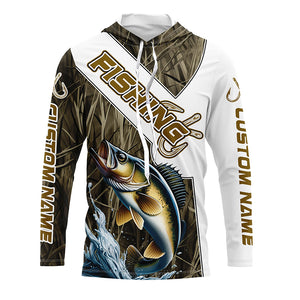 Walleye Fishing Fish Hook Custom Long Sleeve Shirts, Walleye Jerseys Fishing Gifts | Grass Camo IPHW6660