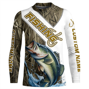 Largemouth Bass Fishing Fish Hook Custom Long Sleeve Shirts, Bass Jerseys Fishing Gifts | Grass Camo IPHW6661