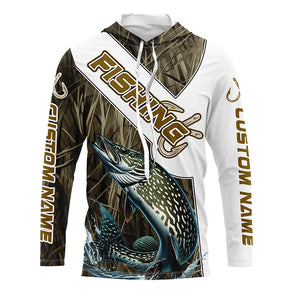 Pike Fishing Fish Hook Custom Long Sleeve Shirts, Pike Jerseys Fishing Gifts | Grass Camo IPHW6662