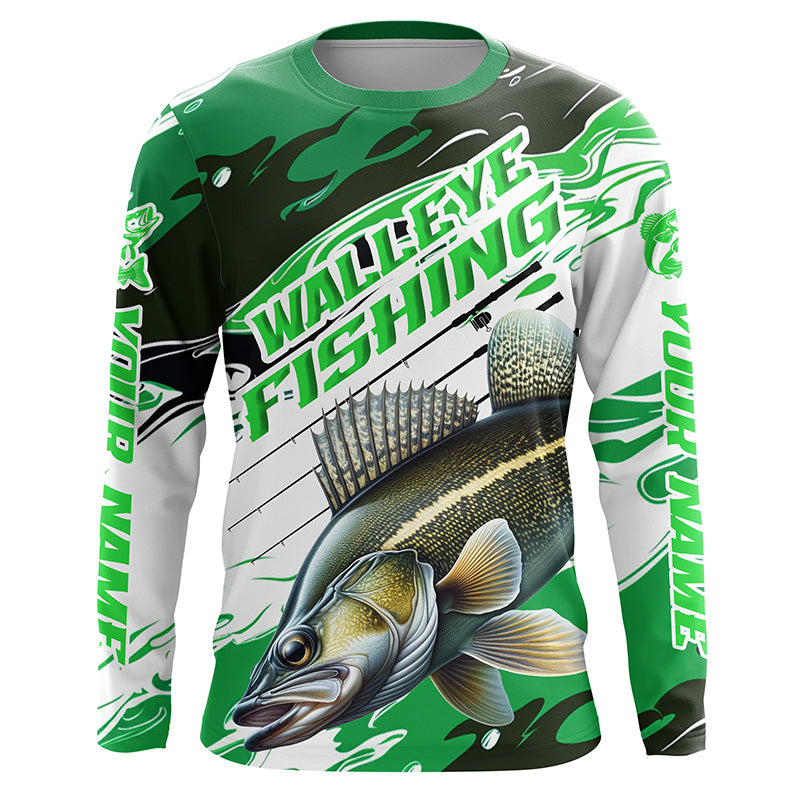 Custom Walleye Fishing Tournament Jerseys, Walleye Long Sleeve Camo Fishing Shirts | Green IPHW6822