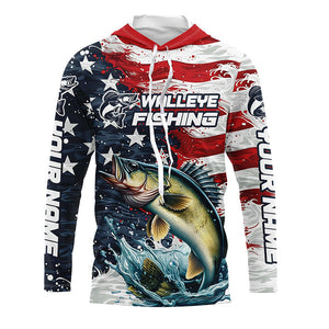 Custom Walleye Fishing American Flag Long Sleeve Fishing Shirts, Patriotic Walleye Fishing Shirts IPHW6823