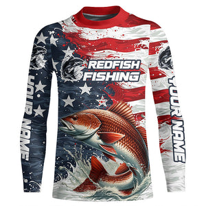 Custom Redfish Fishing American Flag Long Sleeve Fishing Shirts, Patriotic Redfish Fishing Shirts IPHW6824