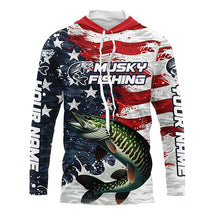 Load image into Gallery viewer, Custom Musky Fishing American Flag Long Sleeve Fishing Shirts, Patriotic Musky Fishing Shirts IPHW6825