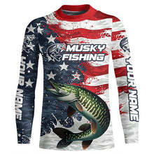 Load image into Gallery viewer, Custom Musky Fishing American Flag Long Sleeve Fishing Shirts, Patriotic Musky Fishing Shirts IPHW6825