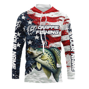 Custom Crappie Fishing American Flag Long Sleeve Fishing Shirts, Patriotic Crappie Fishing Shirts IPHW6827