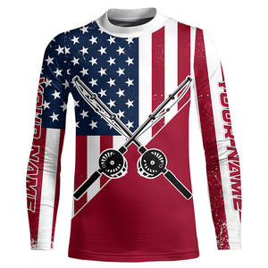 Personalized American Flag Fishing Rods Long Sleeve Fishing Shirts, Patriotic Fishing Shirts IPHW7202