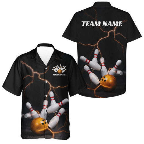 Black And Gold Thunder Lightning Custom Bowling Shirts For Men, Bowling Team Shirt Outfit IPHW7537