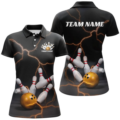 Black And Gold Thunder Lightning Custom Bowling Shirts For Women, Bowling Team Shirt Outfit IPHW7537