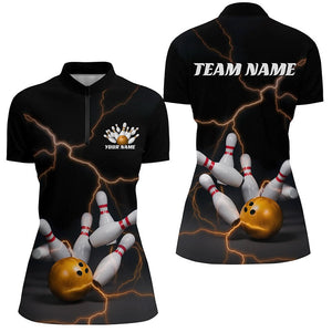 Black And Gold Thunder Lightning Custom Bowling Shirts For Women, Bowling Team Shirt Outfit IPHW7537