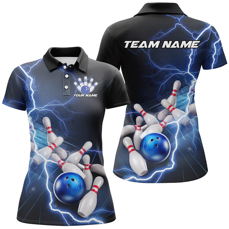 Black And Blue Thunder Lightning Custom Striking Ladies Bowling Shirt, Bowling Team Uniform IPHW7540