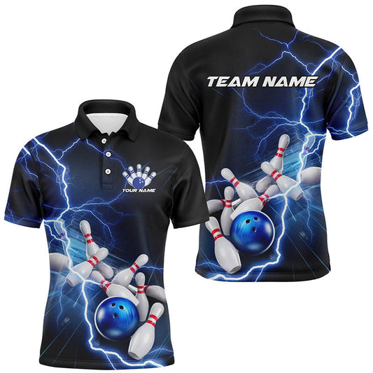 Black And Blue Thunder Lightning Custom Striking Bowling Shirts For Men, Bowling Team Uniform IPHW7540