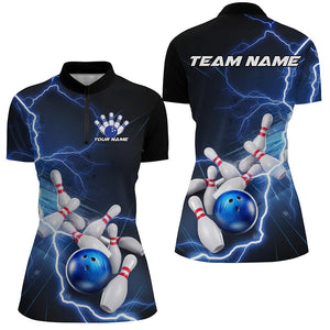 Black And Blue Thunder Lightning Custom Striking Ladies Bowling Shirt, Bowling Team Uniform IPHW7540