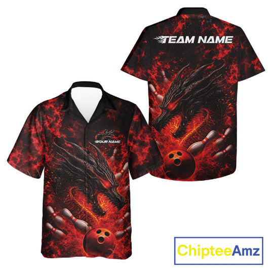 Custom Black And Red Flame Dragon Bowling Men And Women Hawaiian Shirt, Dragon Bowling League Shirt IPHW10277