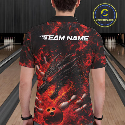 Custom Black And Red Flame Dragon Bowling Men Polo Shirt, Dragon Bowling League Shirt IPHW10277